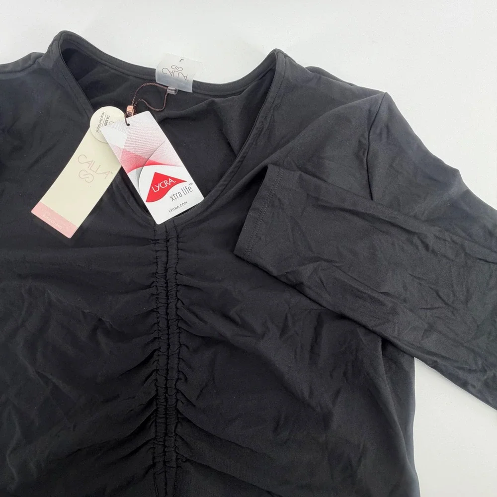 CALIA Womens L Ruched Long Sleeve Rash Guard Pure‎ Black UPF 50+ WSA34801B NWT